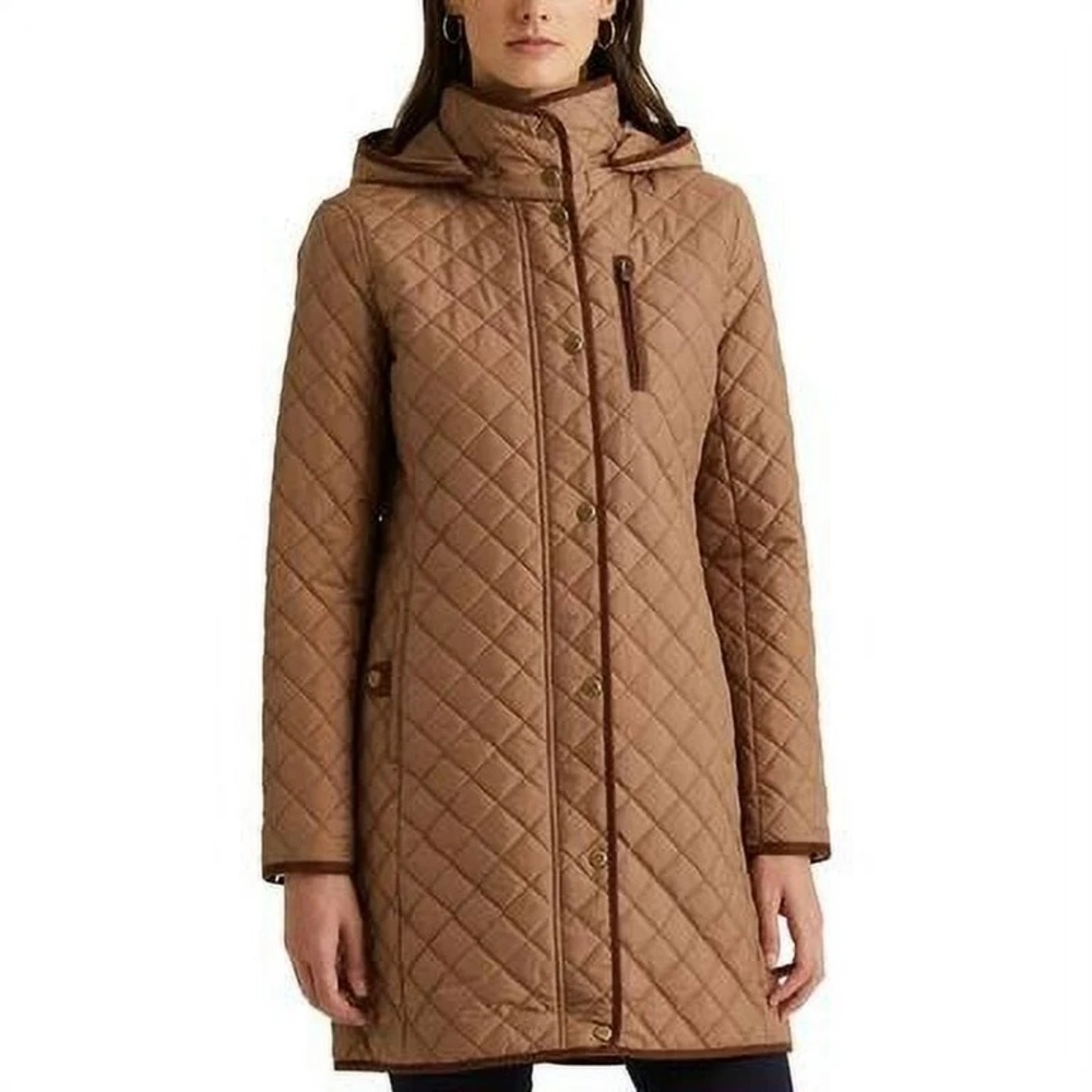Ralph Lauren DARK CARAMEL Women's Faux-Suede-Trim Quilted coat